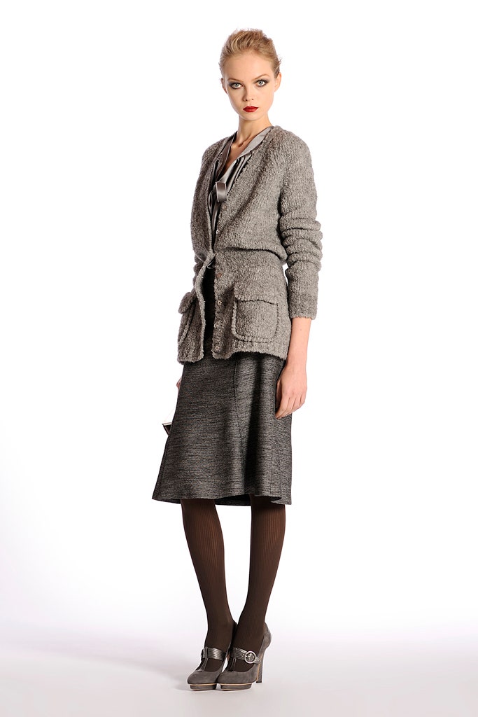 gray wool cardigan and black skirt