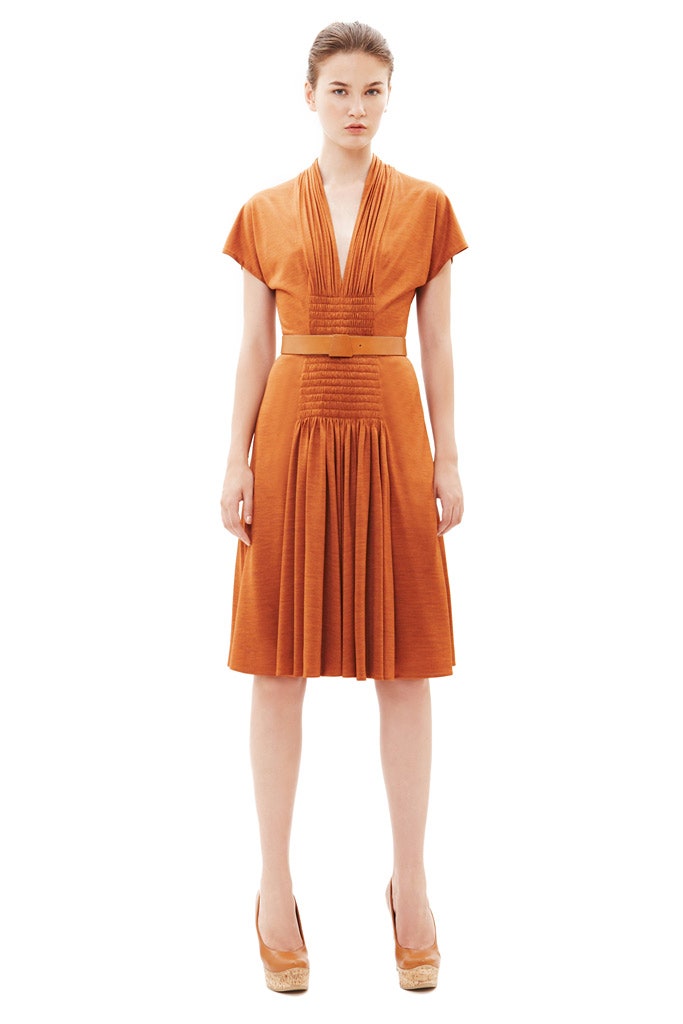 orange fitted midi dress