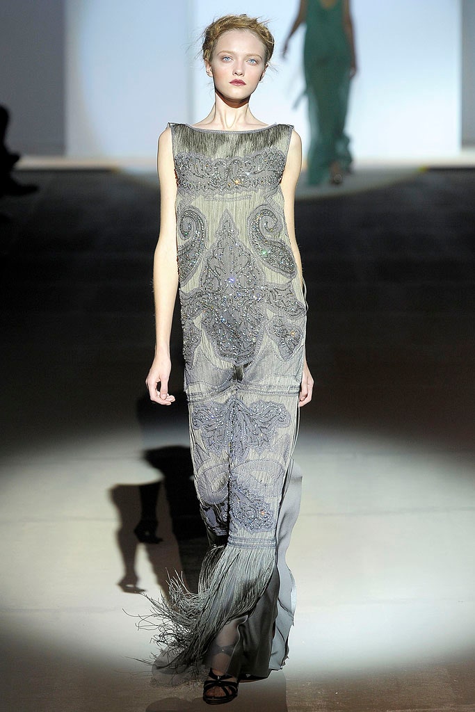 gray silk embroidered gown