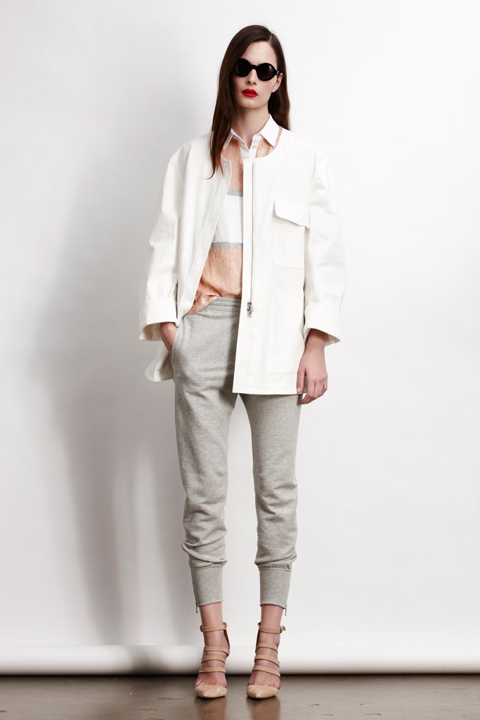 white relaxed jacket with gray pants