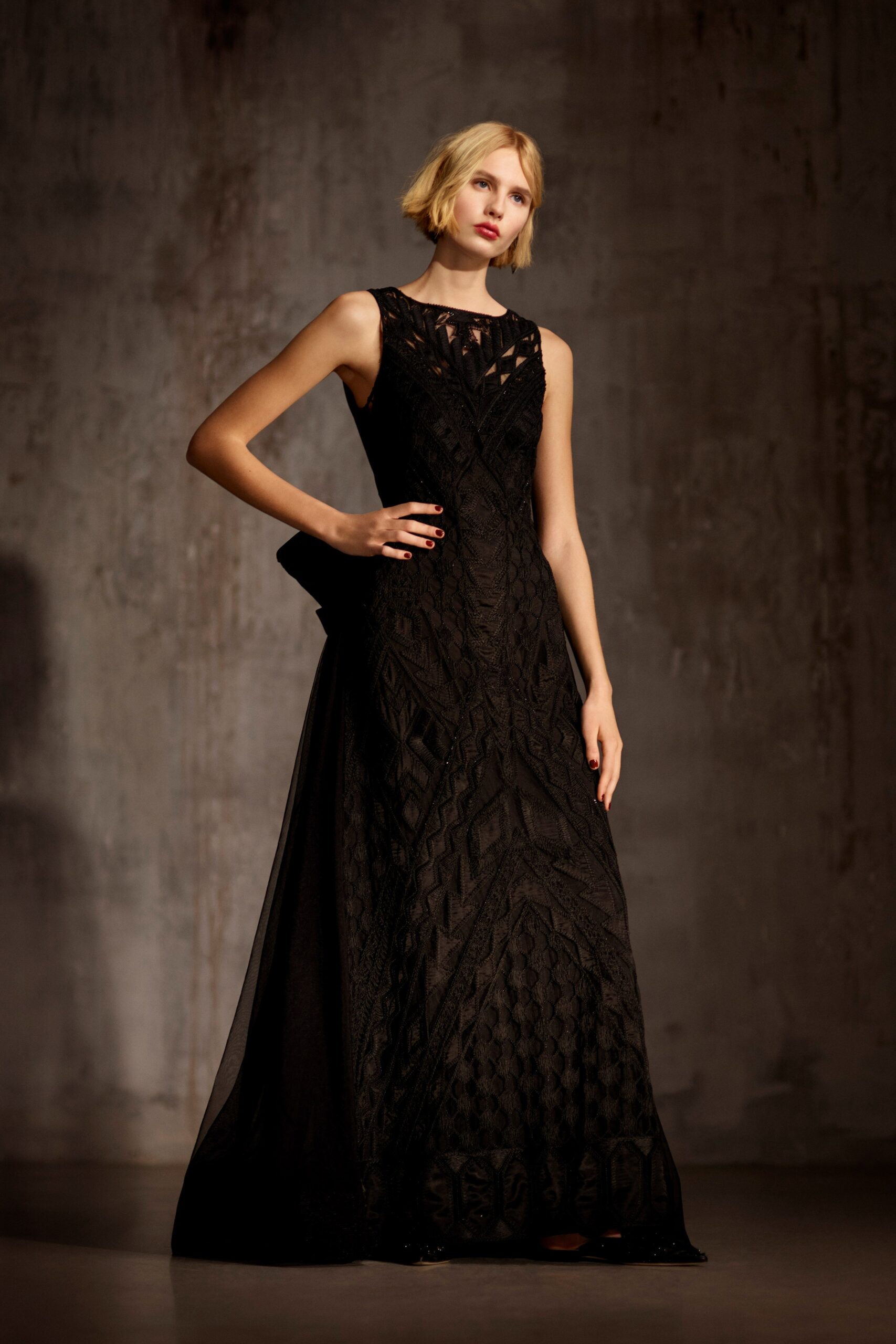 black embroidered sleeveless gown