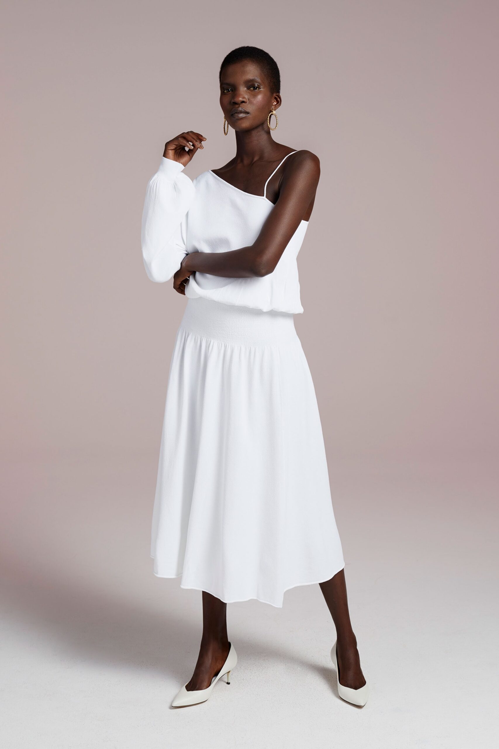 white cotton sleeveless off-shoulder fitted top