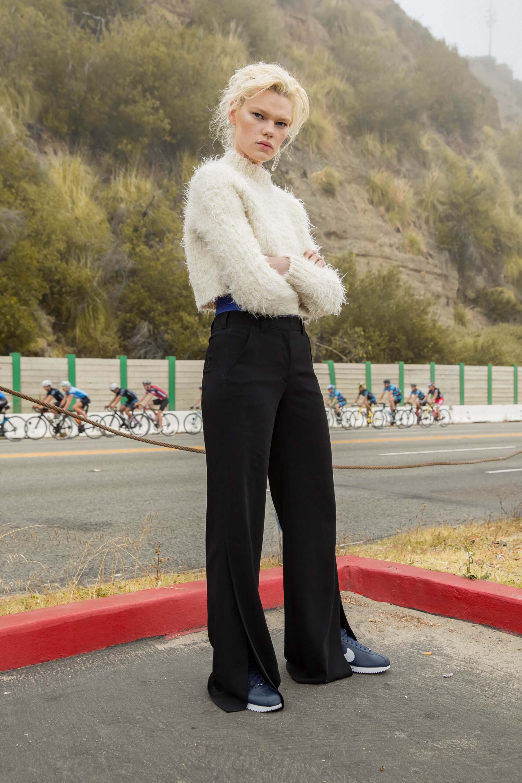 white wool long-sleeve collared fitted textured sweater