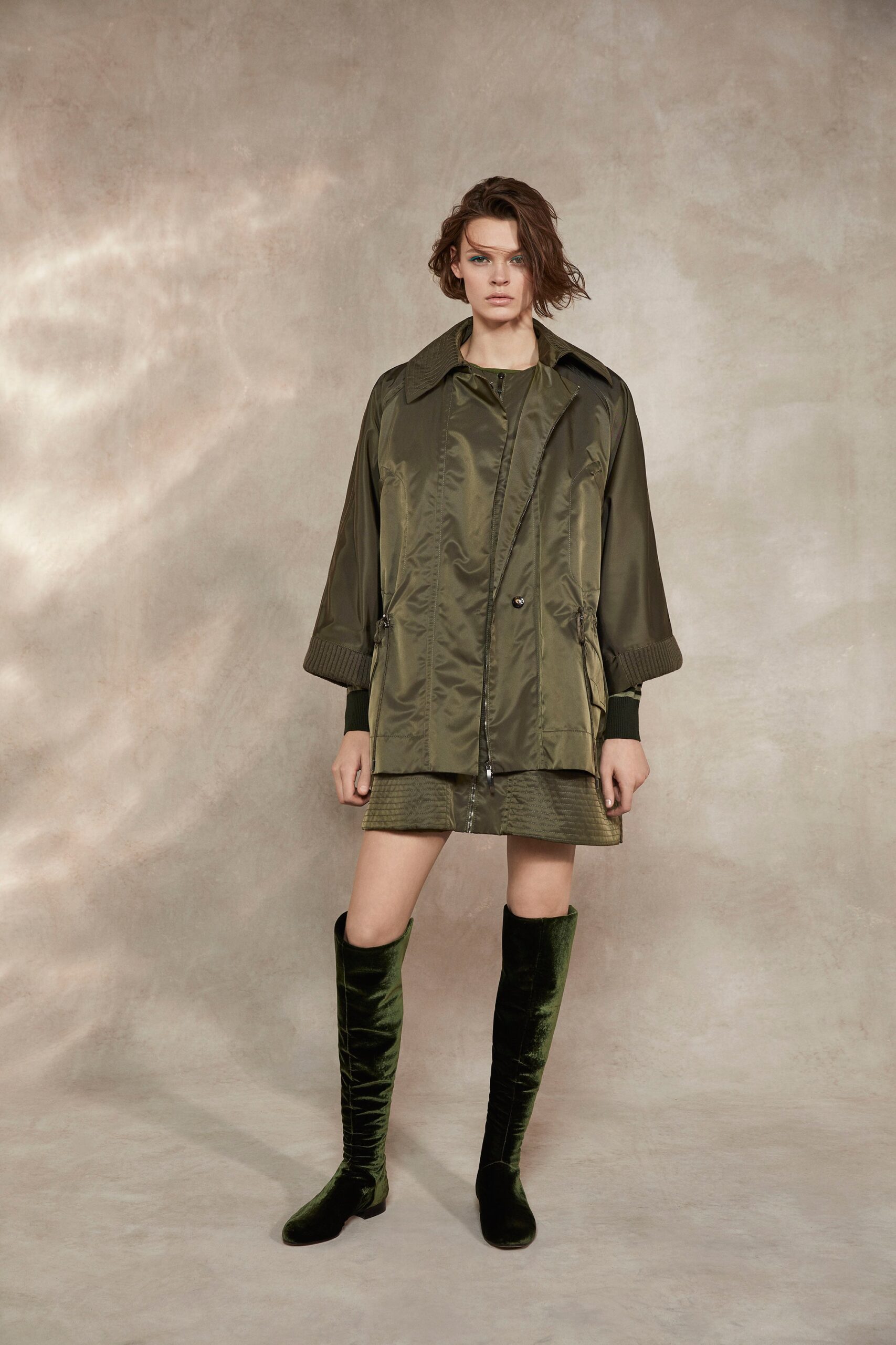 green cotton sleeveless high-neck fitted straight-leg mini dress