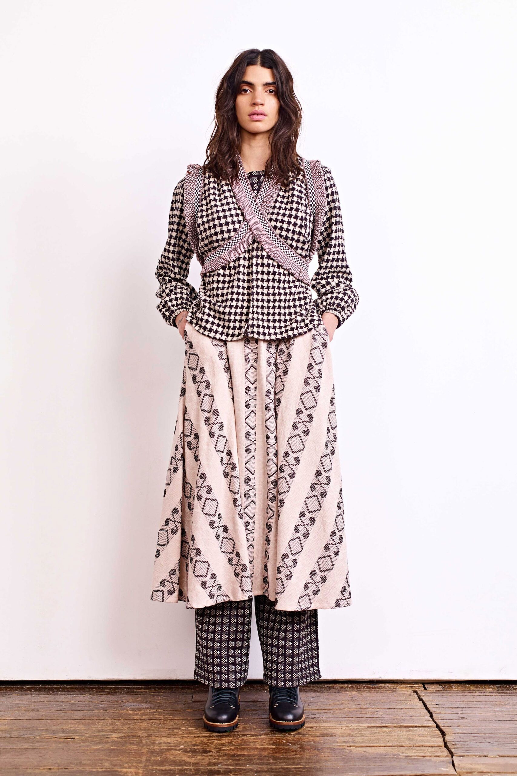 black and white checked top with printed skirt