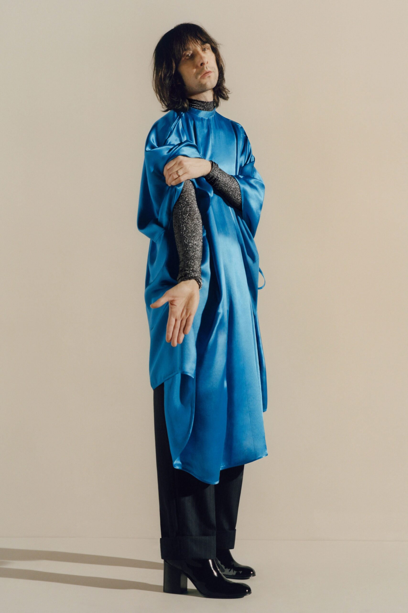 blue silk relaxed dress with black top
