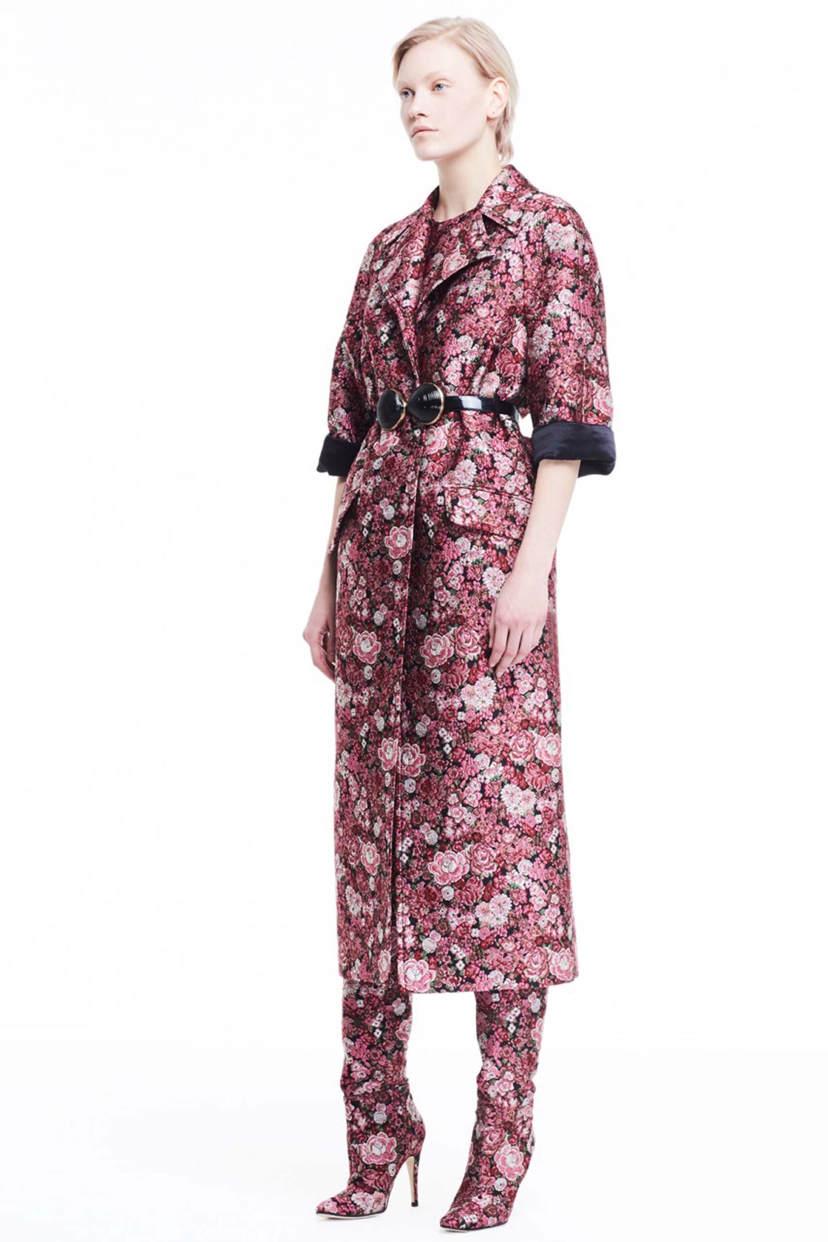 red silk long-sleeve collared fitted floral belted coat