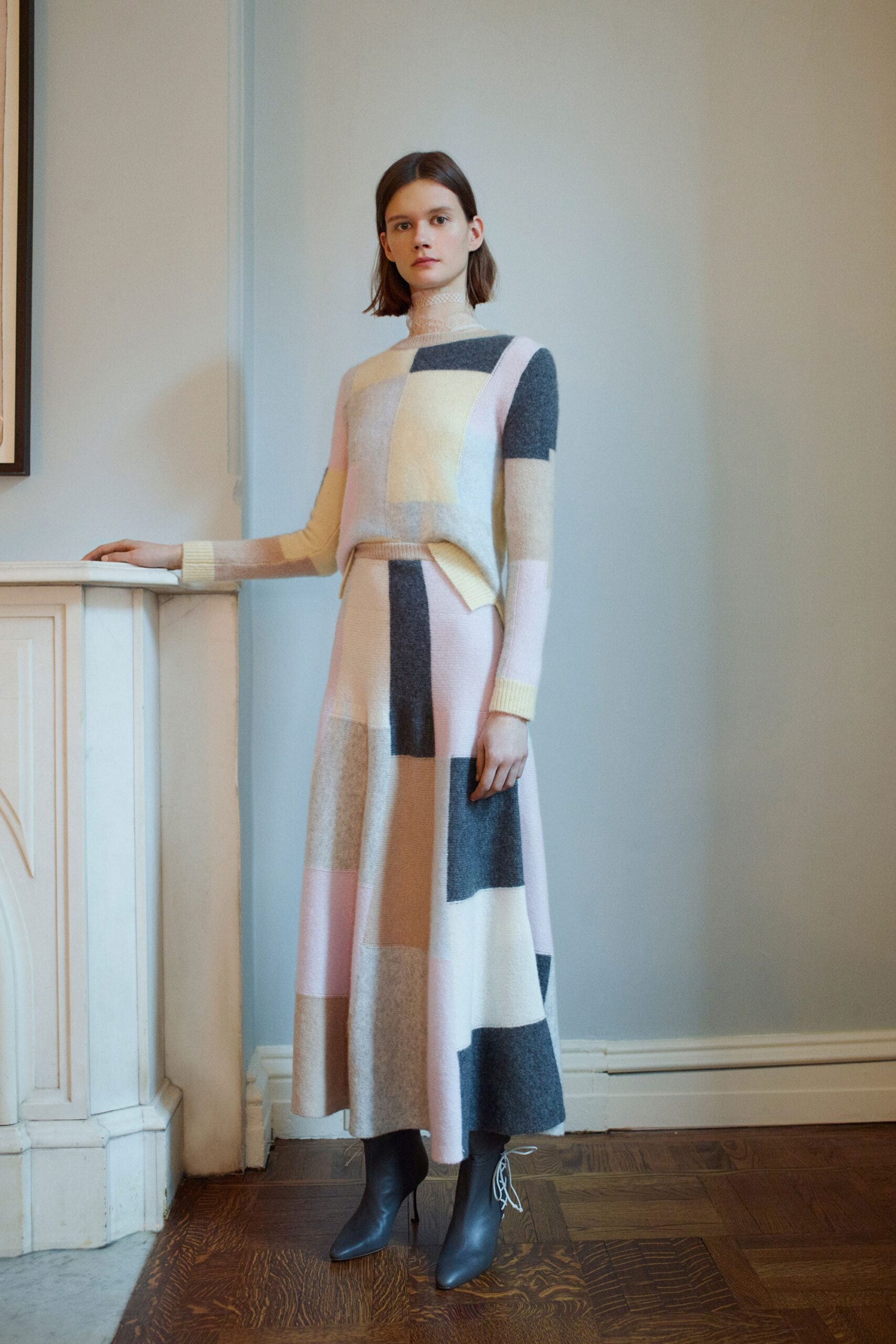color-blocked wool top and midi skirt