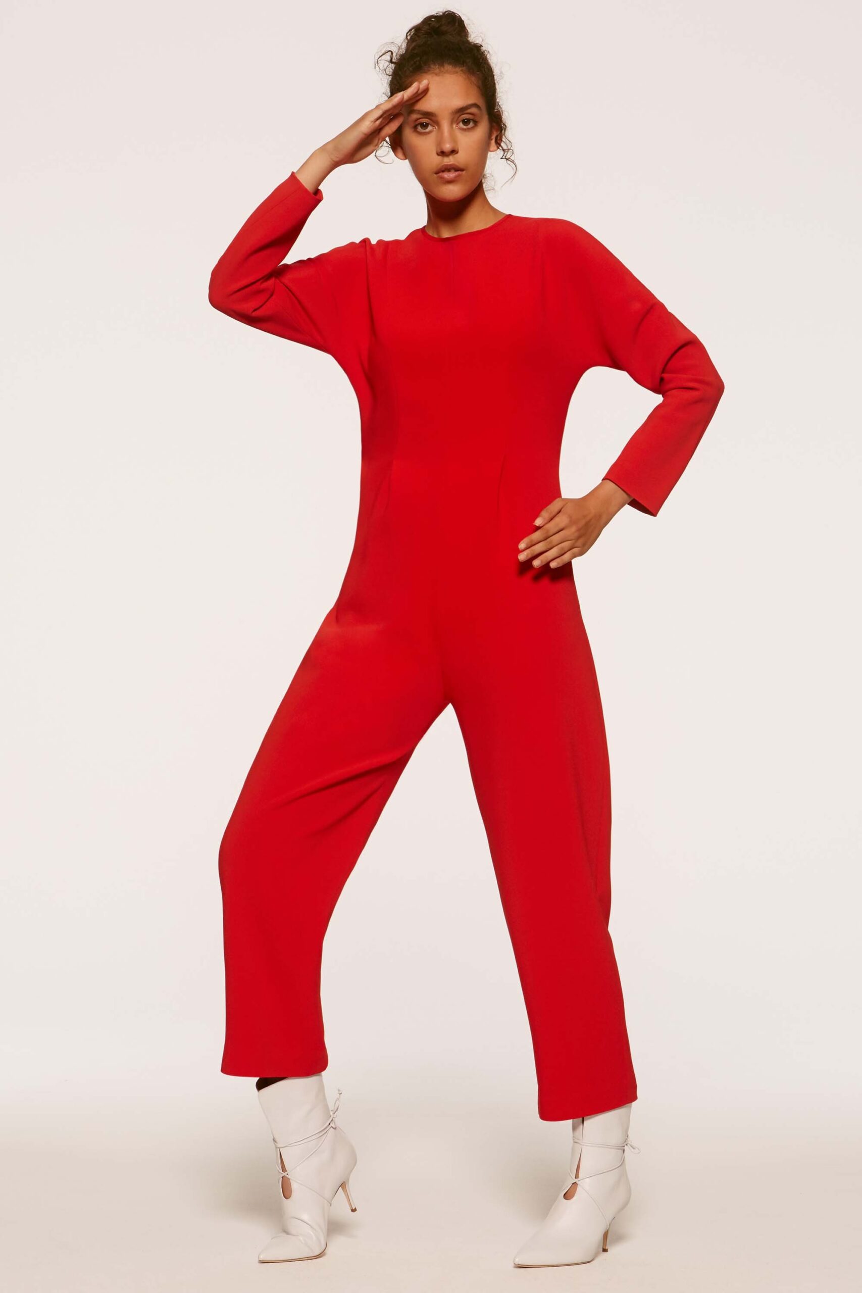 red cotton long-sleeve high-neck fitted straight-leg jumpsuit