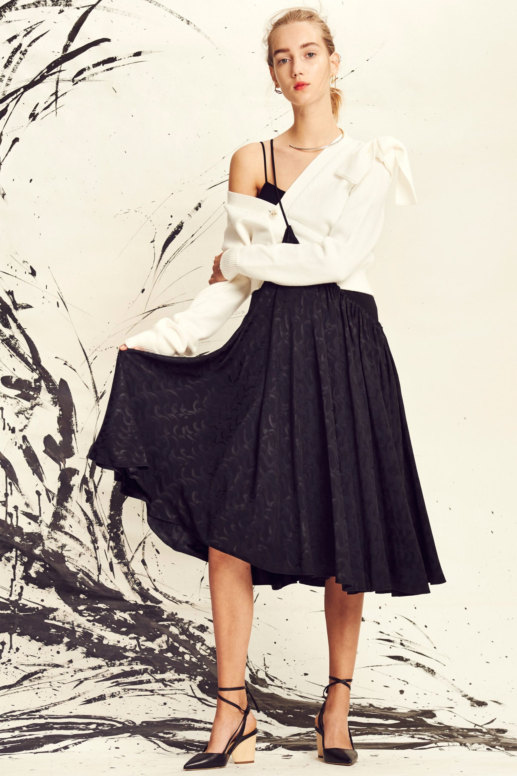 black silk fitted a-line pleated midi skirt