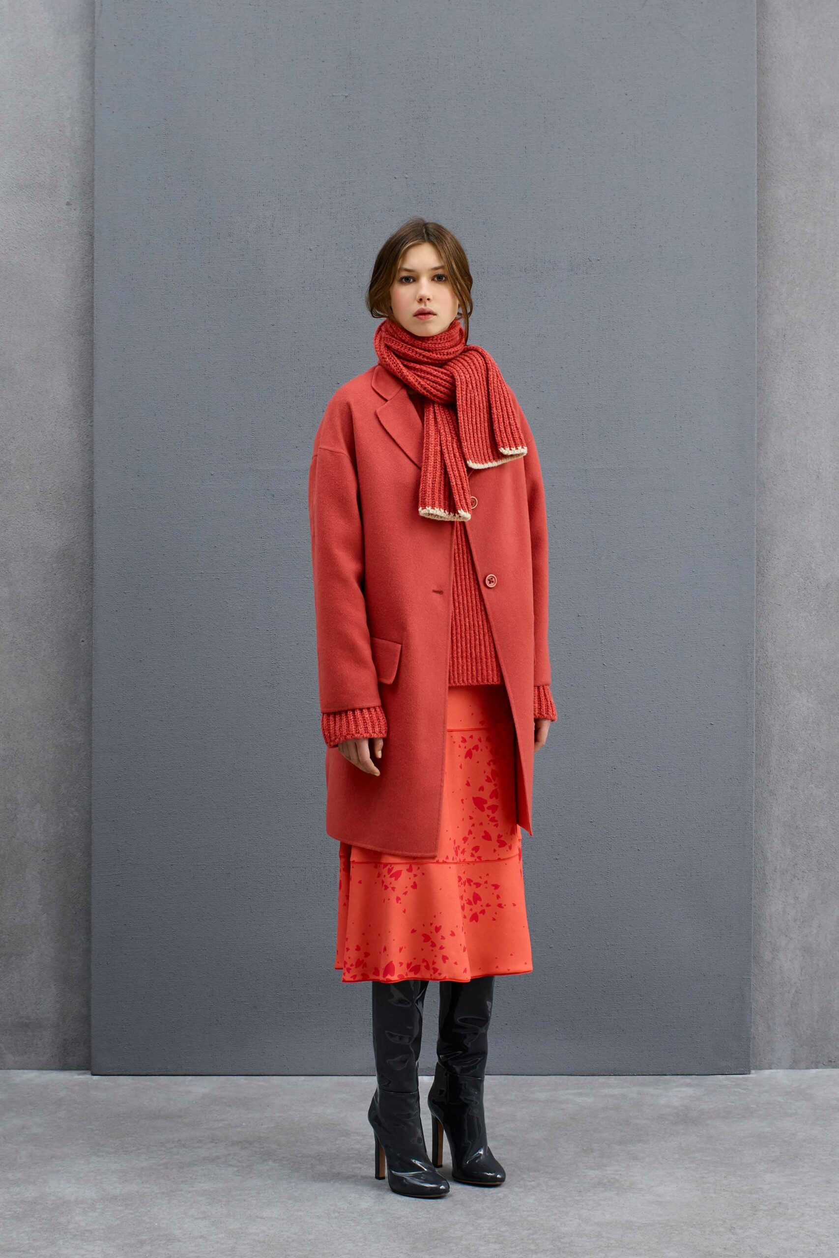 red oversized coat with scarf