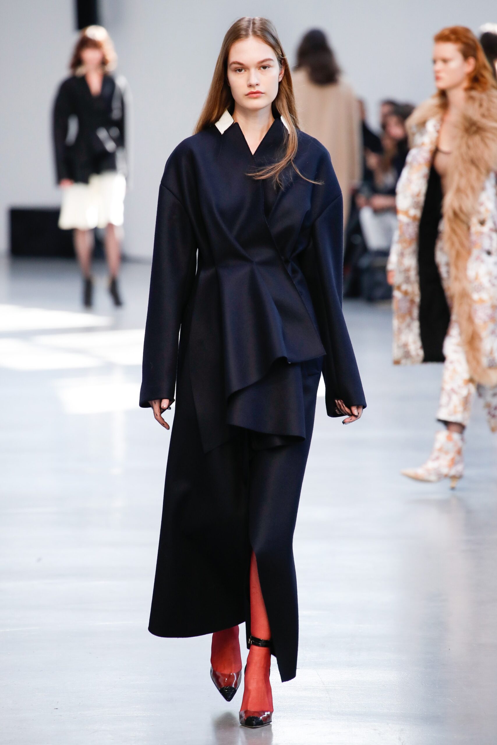 black wool long-sleeve v-neck relaxed draped maxi dress
