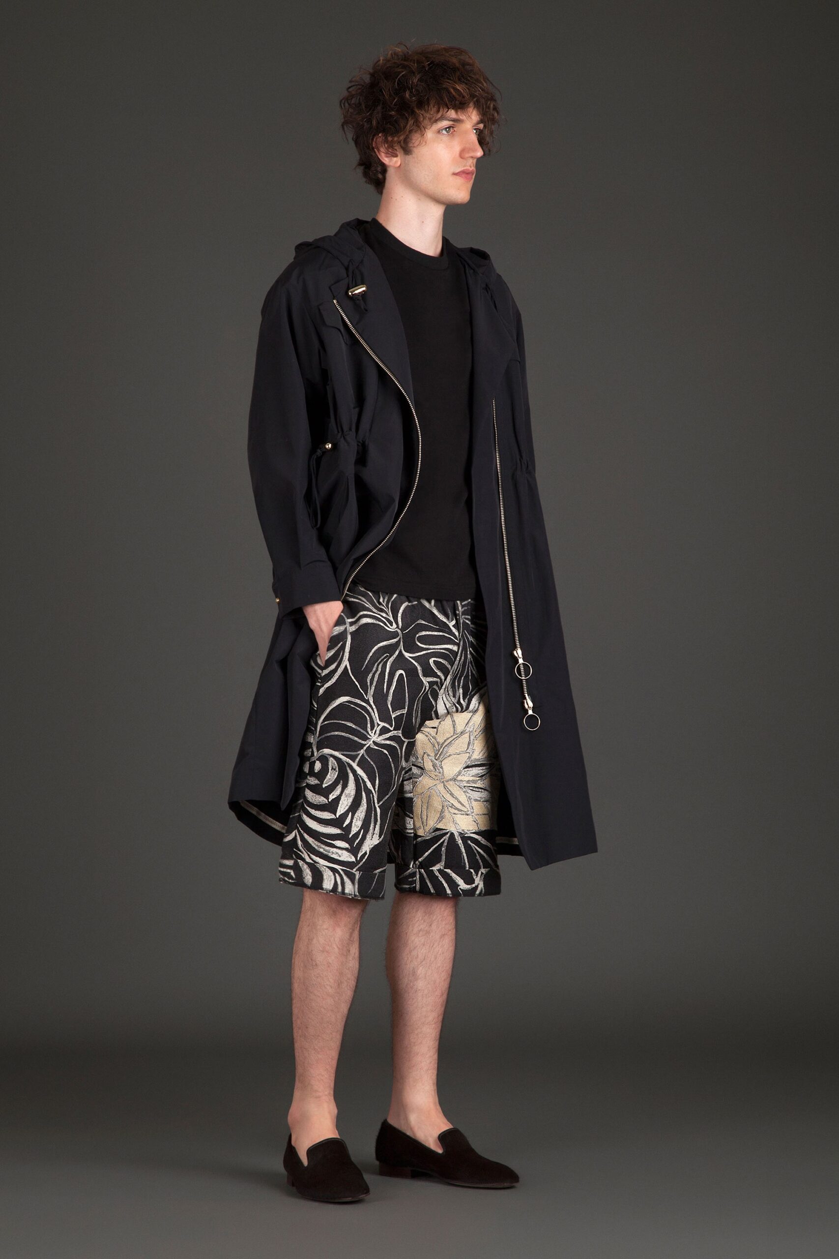 black coat with printed shorts