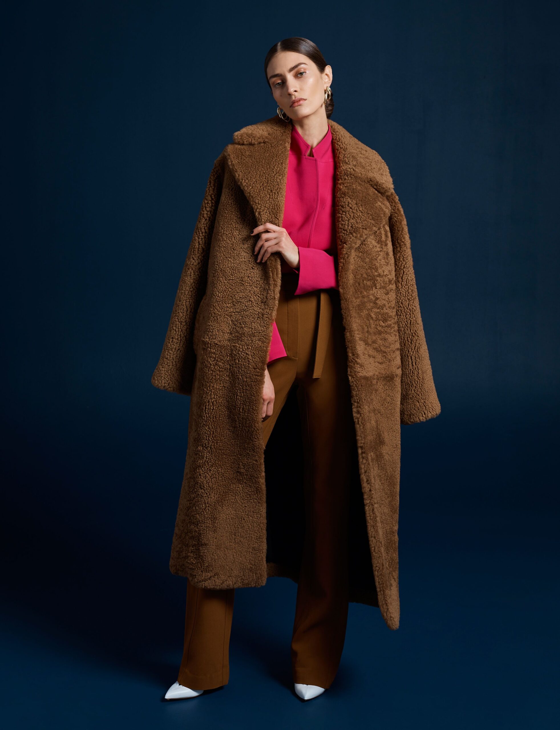 brown faux-fur oversized layered coat