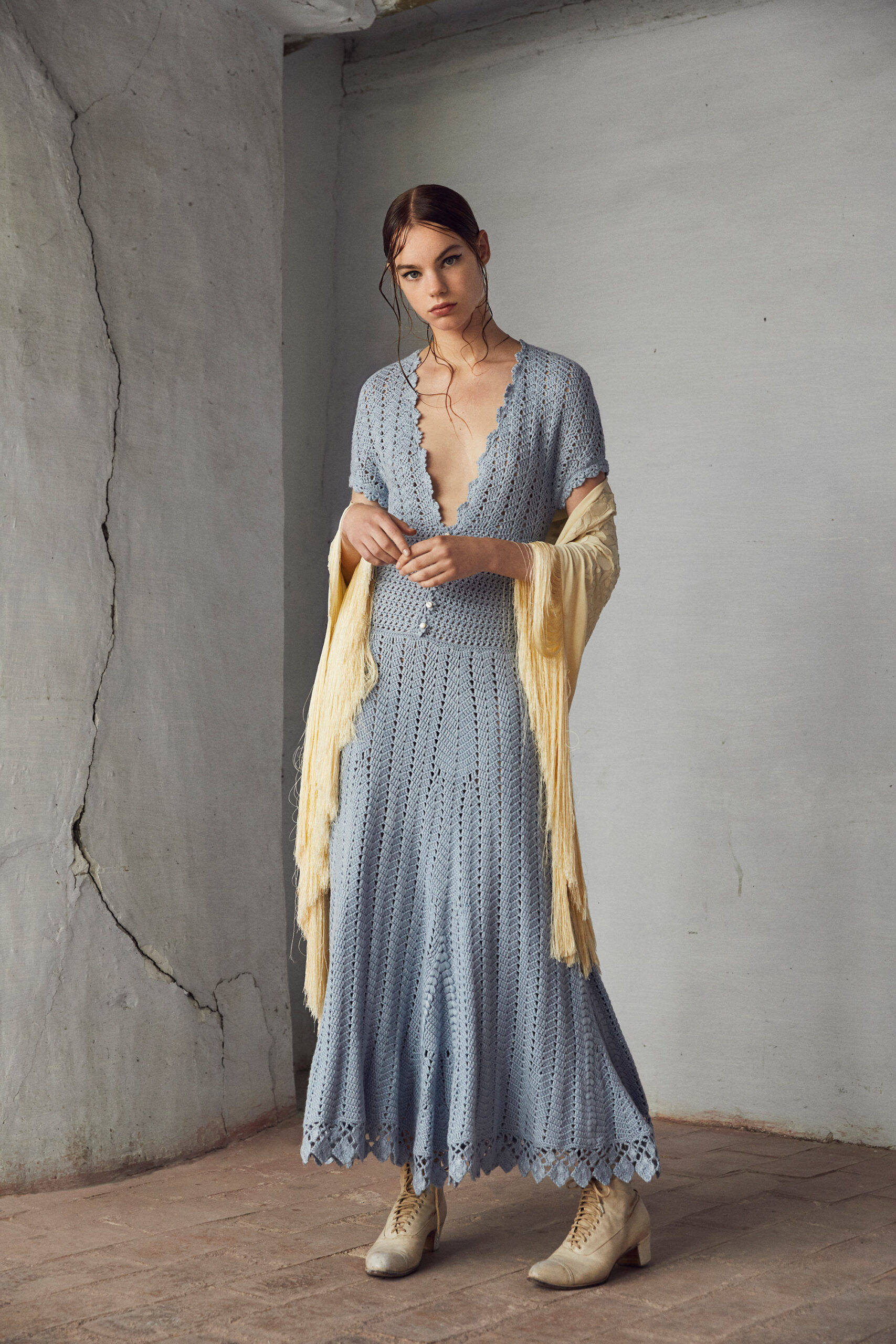 blue cotton midi dress with shawl