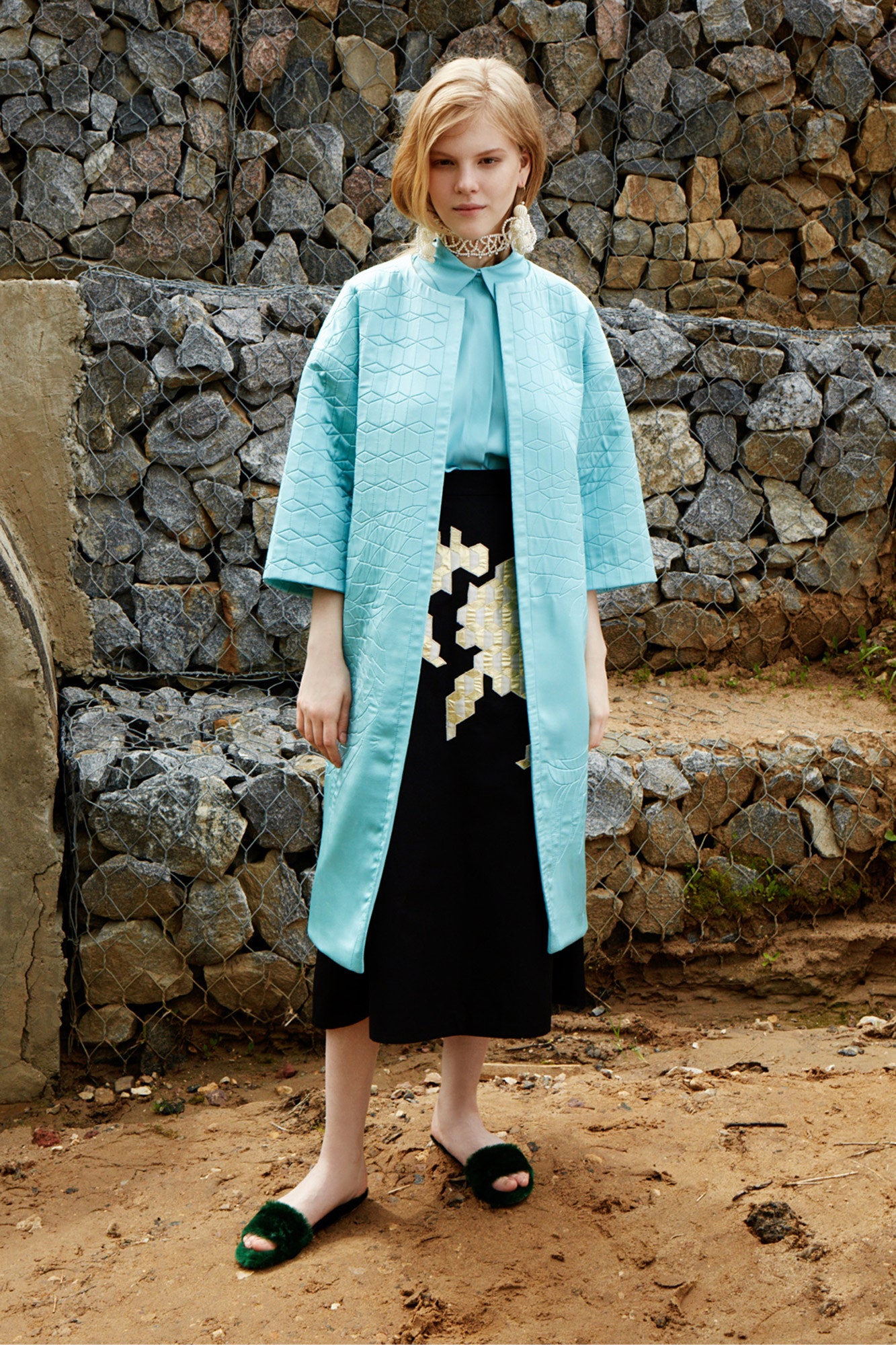 blue silk long-sleeve collared relaxed layered coat