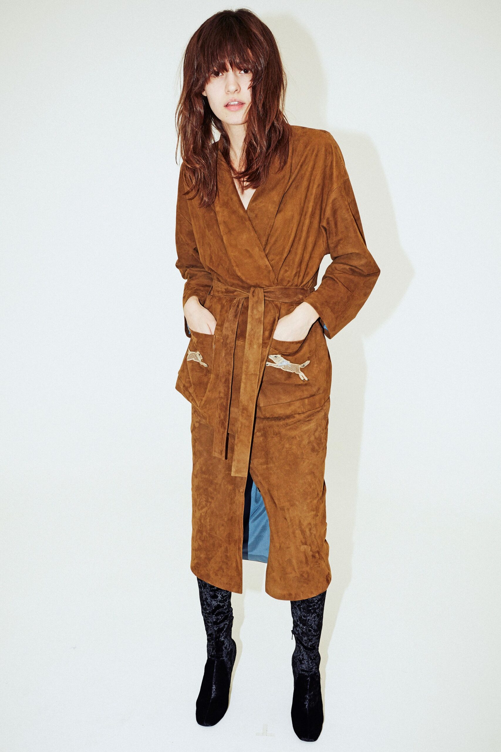 brown suede wrap dress with pockets