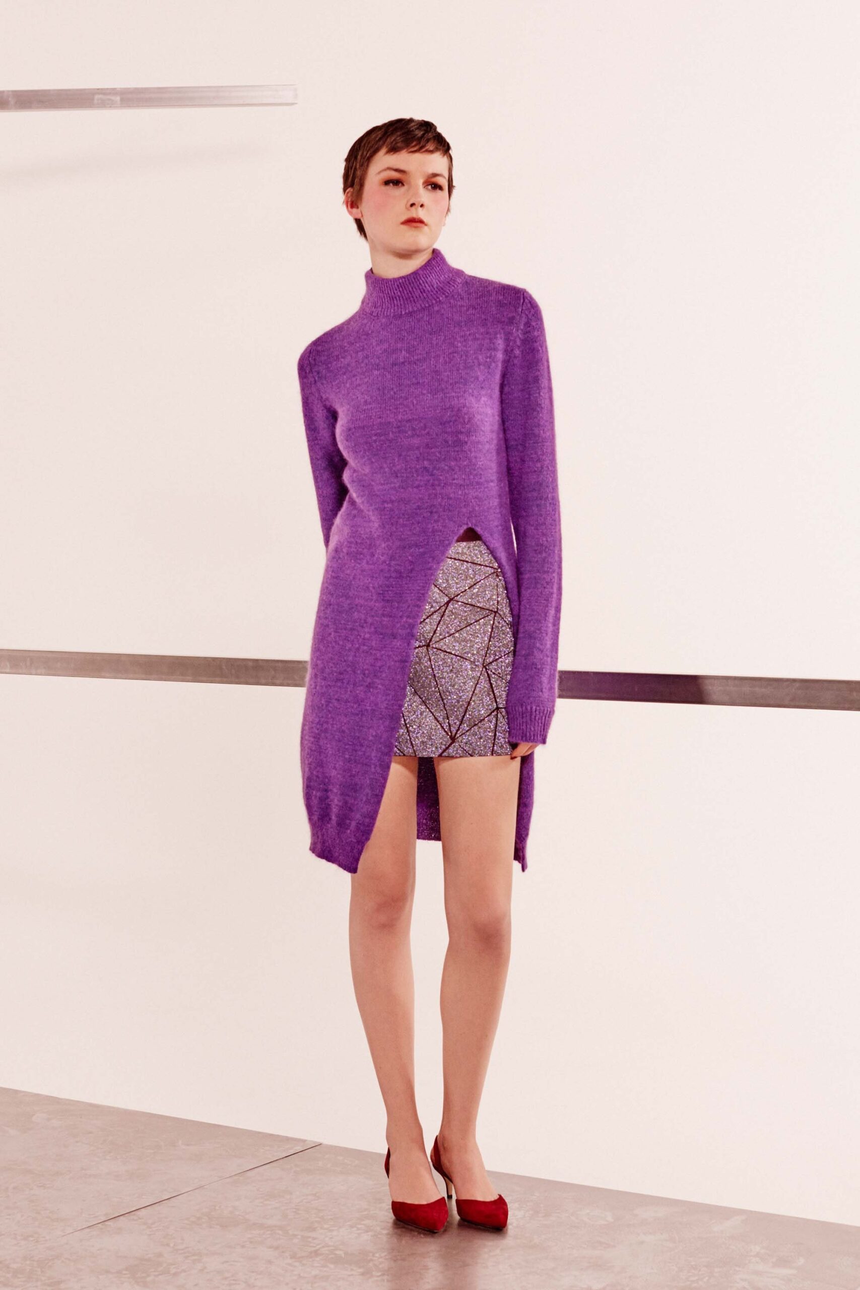 purple wool midi dress with slit