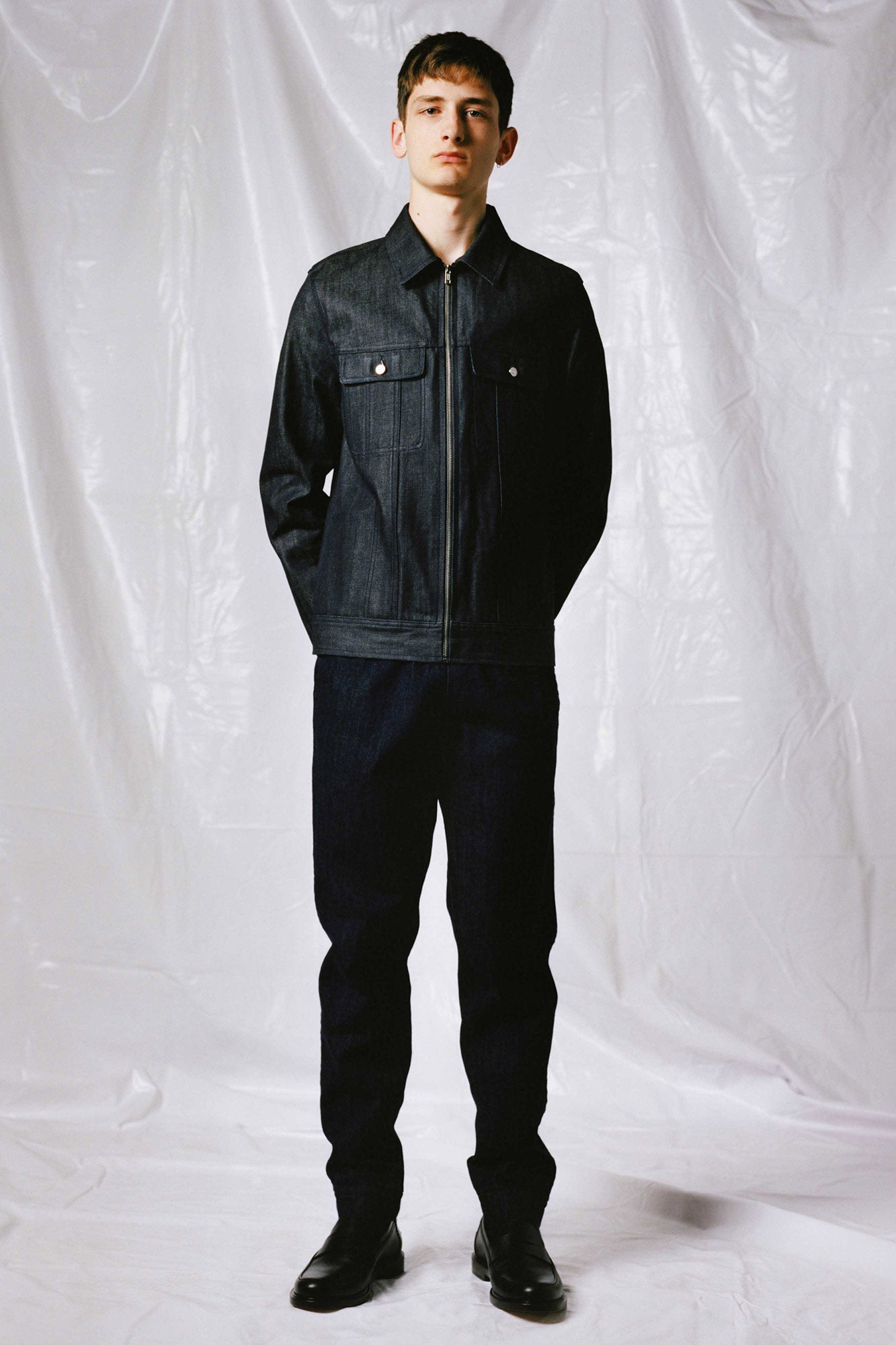 black denim jacket and pants