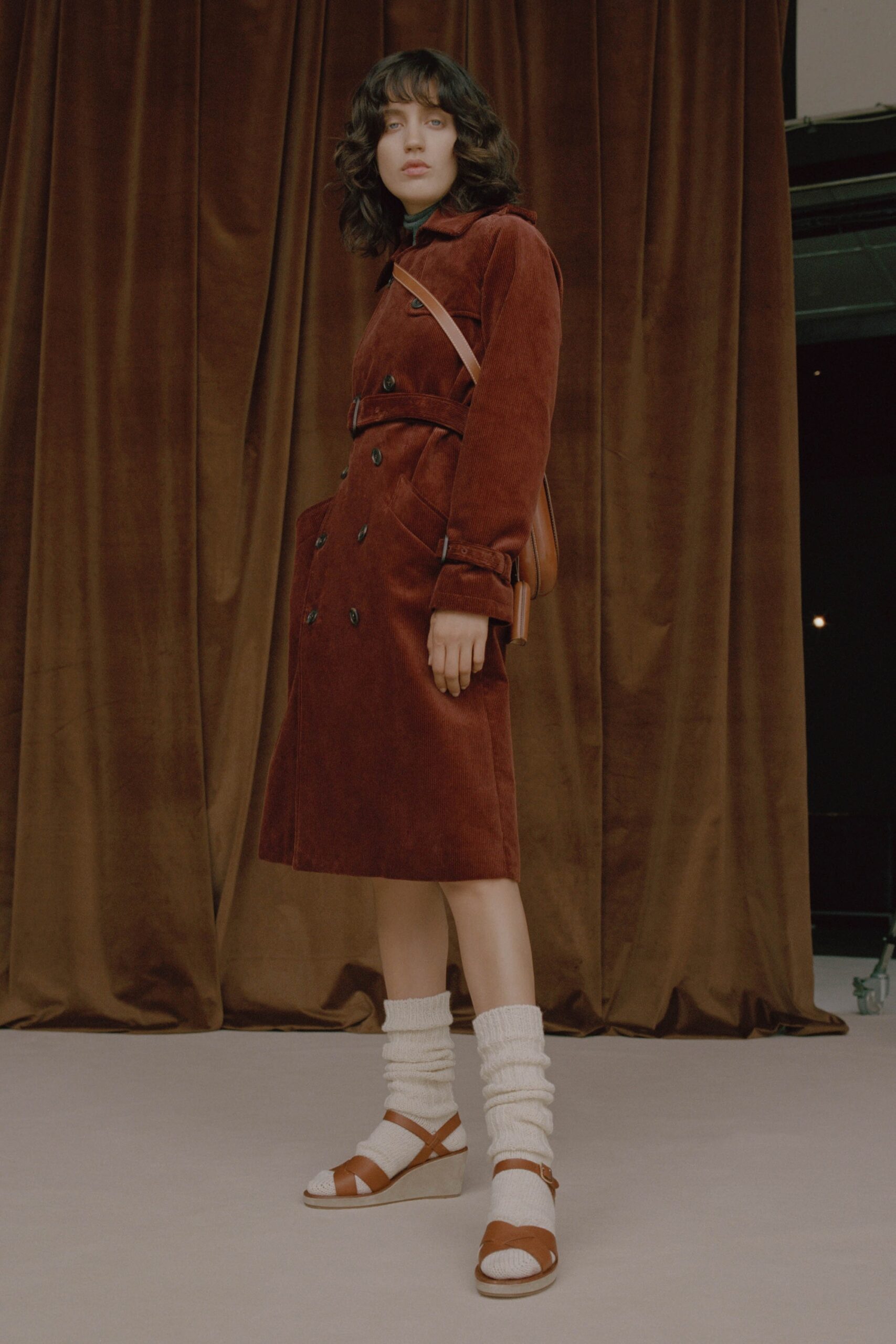 brown velvet belted coat