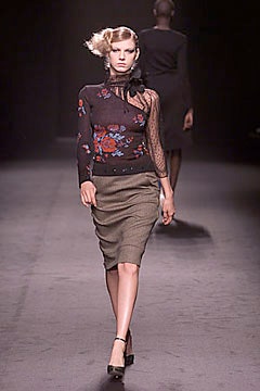 black silk fitted top with gray skirt