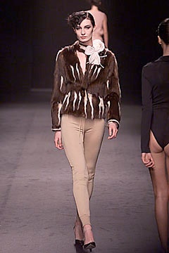 brown fur long-sleeve v-neck fitted striped jacket