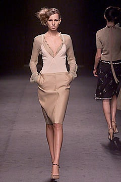 beige fitted blouse and pencil skirt