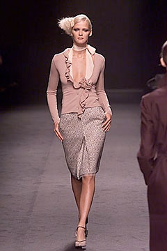 pink silk fitted blouse and gray pencil skirt