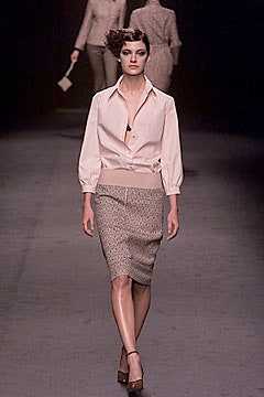 beige silk fitted blouse and brown pencil skirt