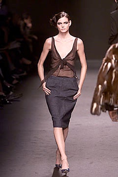 black sheer top gray pencil skirt