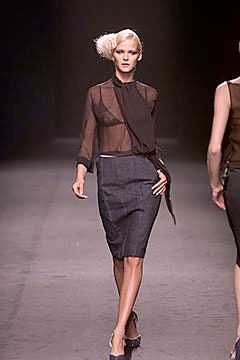 black silk blouse and gray pencil skirt