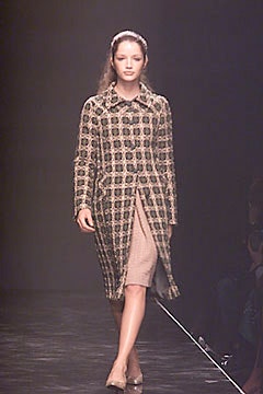 brown checked coat with beige dress