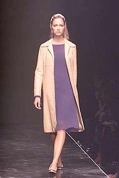 beige leather coat and purple dress