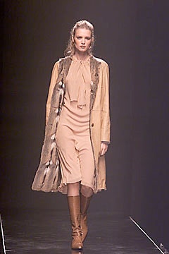 beige silk midi dress with brown coat