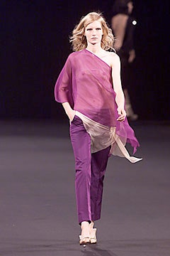 purple silk asymmetric top with slim pants