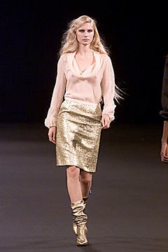 white silk blouse gold pencil skirt