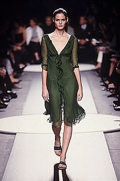green silk ruffled dress