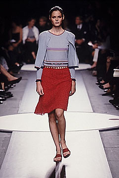 gray top with red skirt