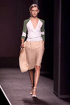 fitted white green top beige skirt