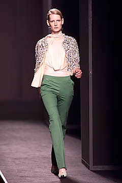 beige silk blouse green tailored pants