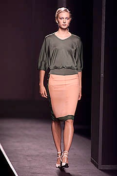green silk relaxed top and peach pencil skirt