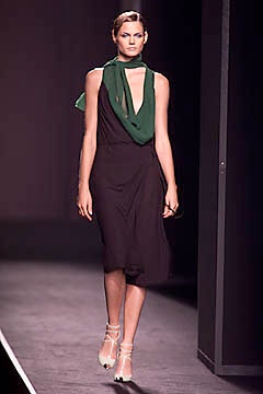 black silk midi dress with green scarf