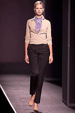 beige tailored blazer and black slim pants