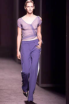 blue mesh top with tailored pants