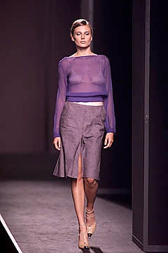 purple chiffon cropped top and gray midi skirt