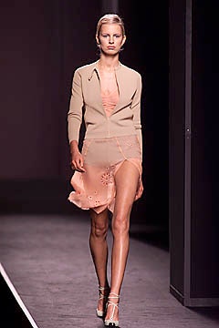 peach silk mini dress with beige tailored jacket