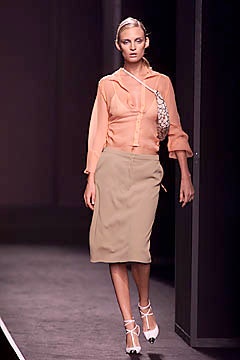 peach silk blouse beige pencil skirt