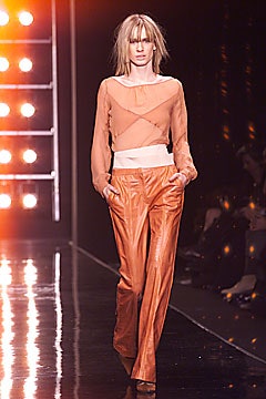 orange silk long-sleeve v-neck fitted draped sheer top