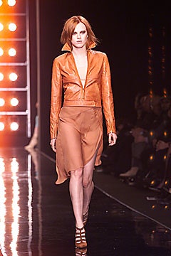 orange leather long-sleeve v-neck fitted zippered jacket