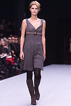 gray fitted mini dress with brown boots